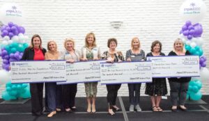 woman with humorously large checks.