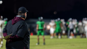 Niceville high school head coach Grant Thompson looks on as the Eagles prepare for another play in their contest against the Choctawhatchie Indians at Joe Etheridge Field in Fort Walton Beach.