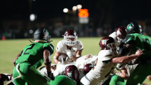Choctaw’s Tristan Jackson moves to stop Niceville Eagle Jon Bocchino’s leap across the goal line. Jackson would not stop Bocchino in time and Niceville would grab another touchdown against a defense that seemed shaky against the Eagle onslaught in the third quarter of the game.