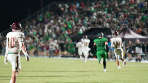 Niceville’s Owen Atkins looks on as a Choctawhatchee Indian takes a short pass more than 80 yards for a Choctawhatchee Indian Touchdown. Though the Indians would have several big plays on the evening, they could not keep up with Niceville’s offense. Niceville would win 42-25.
