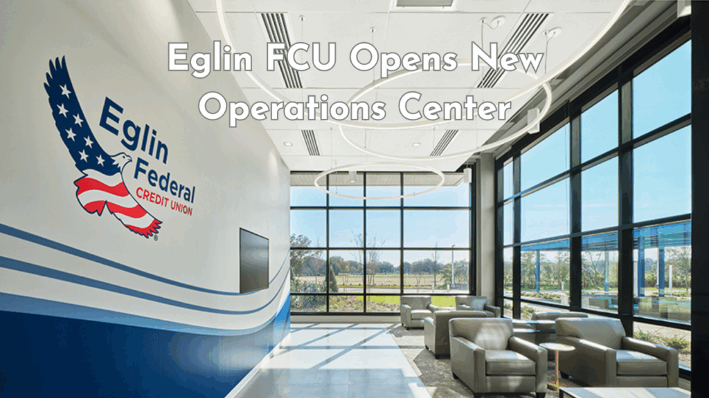 Lobby of Eglin Federal Credit Union’s new Operations Center featuring the EFCU logo, modern lighting, and seating area with large windows.