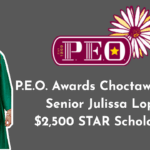 Julissa Lopez in a green graduation gown next to the P.E.O. logo and a headline announcing her $2,500 STAR Scholarship award from P.E.O. Chapter GP.