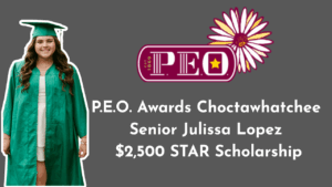 Julissa Lopez in a green graduation gown next to the P.E.O. logo and a headline announcing her $2,500 STAR Scholarship award from P.E.O. Chapter GP.