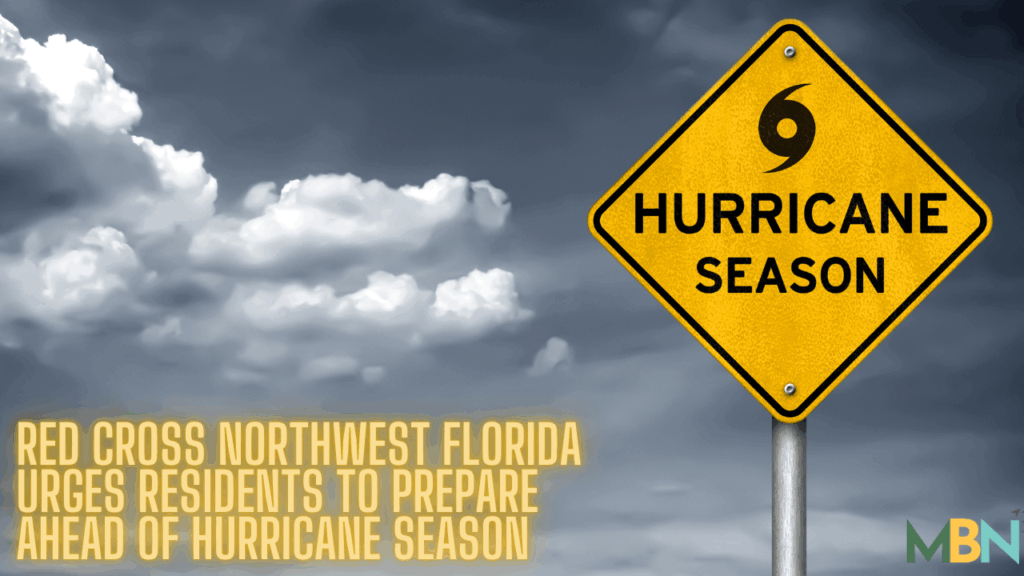 Yellow hurricane warning sign with storm clouds in the background and headline text urging Northwest Florida residents to prepare for hurricane season.
