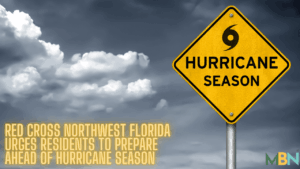 Yellow hurricane warning sign with storm clouds in the background and headline text urging Northwest Florida residents to prepare for hurricane season.