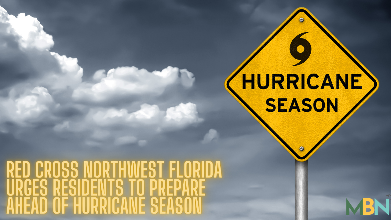 Yellow hurricane warning sign with storm clouds in the background and headline text urging Northwest Florida residents to prepare for hurricane season.