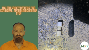 Mugshot of Benjamin Adam Roach next to photo of two pipe bombs found during Walton County traffic stop
