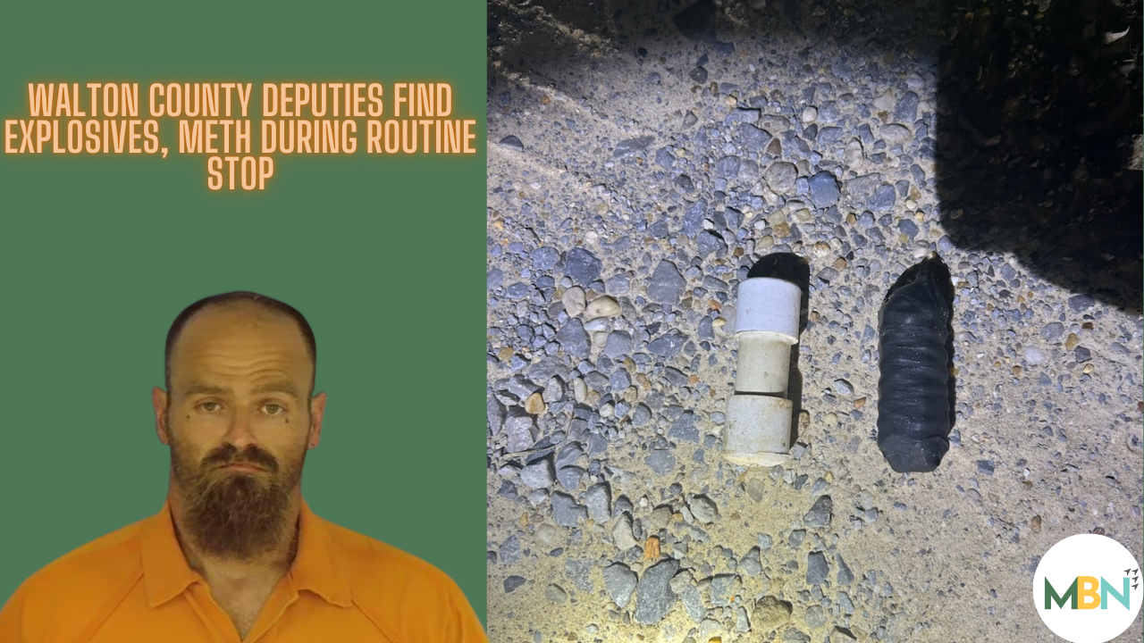 Mugshot of Benjamin Adam Roach next to photo of two pipe bombs found during Walton County traffic stop