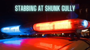 Police lights flashing at night with the headline “Stabbing at Shunk Gully” overlaid in bold text.