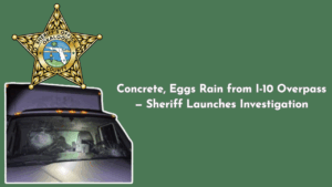 A cracked windshield of a commercial truck damaged by projectiles, with the Okaloosa County Sheriff’s Office badge and a headline reading “Concrete, Eggs Rain from I-10 Overpass — Sheriff Launches Investigation.”