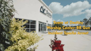 Exterior of Destiny Worship Center with text overlay reading “Scare at Destiny Worship Center: BB Gun Incident Sparks Arrest”