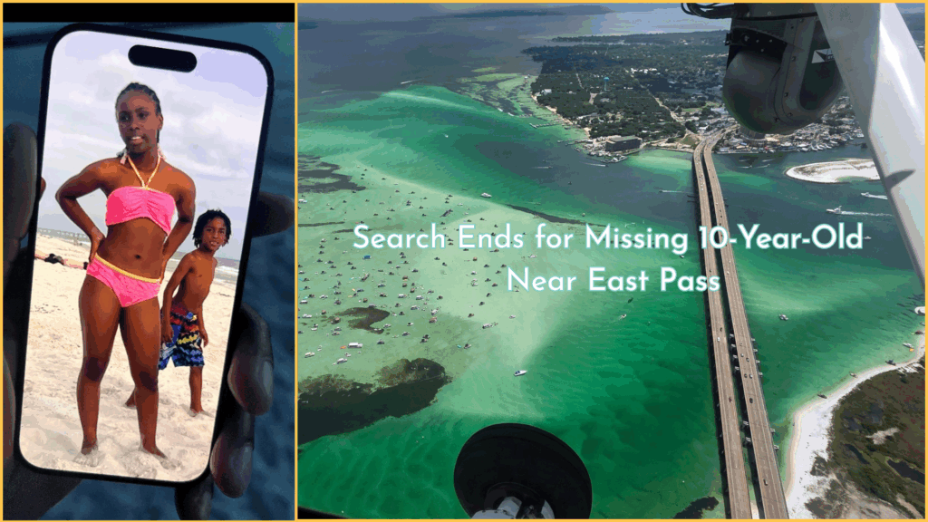 Composite image showing a photo of 10-year-old Trinity Eslinger on a beach, displayed on a phone, alongside an aerial view of East Pass in Destin, Florida, with the headline “Search Ends for Missing 10-Year-Old Near East Pass.”