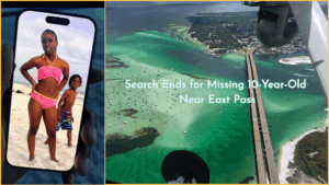 Composite image showing a photo of 10-year-old Trinity Eslinger on a beach, displayed on a phone, alongside an aerial view of East Pass in Destin, Florida, with the headline “Search Ends for Missing 10-Year-Old Near East Pass.”
