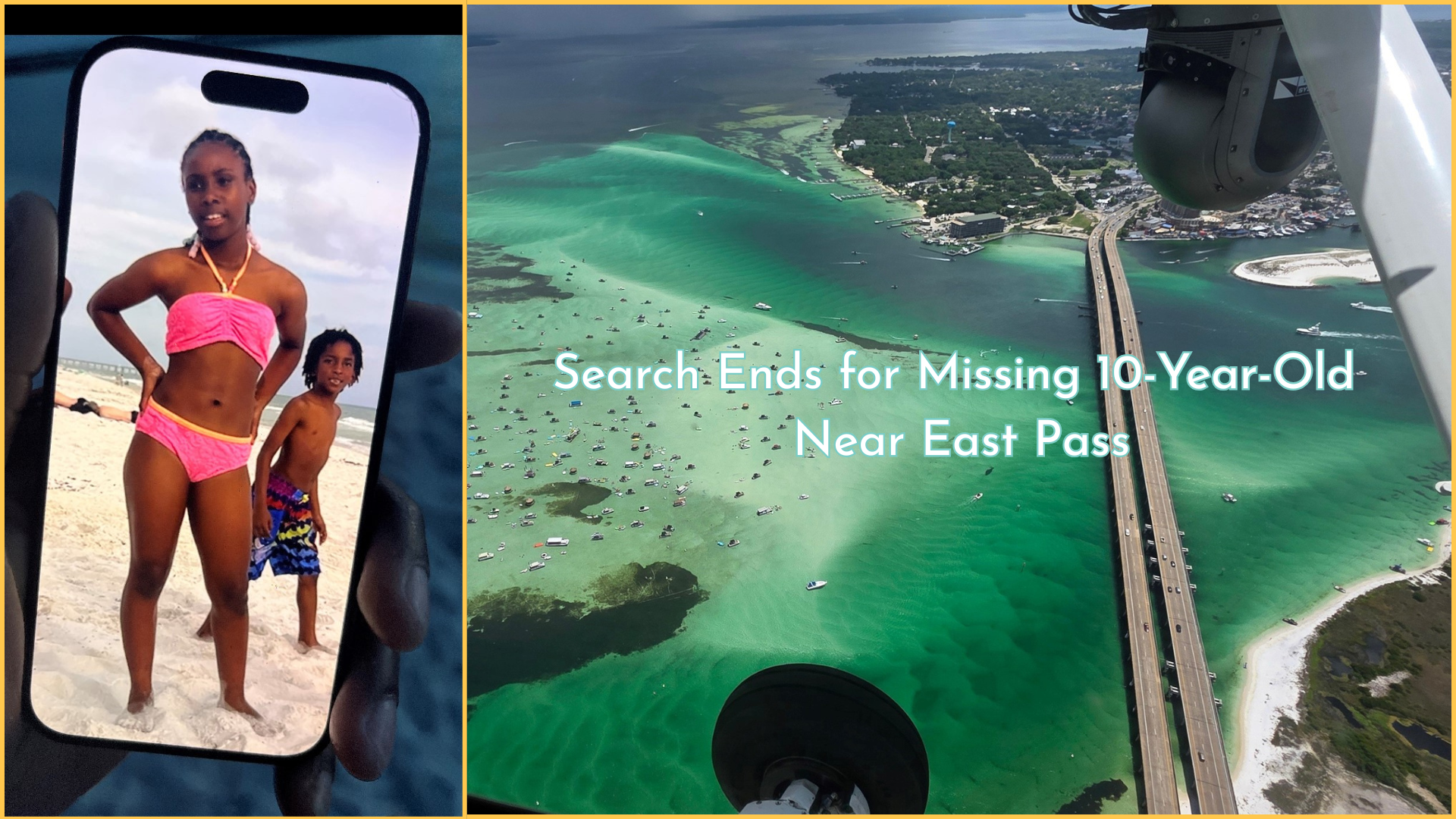 Composite image showing a photo of 10-year-old Trinity Eslinger on a beach, displayed on a phone, alongside an aerial view of East Pass in Destin, Florida, with the headline “Search Ends for Missing 10-Year-Old Near East Pass.”