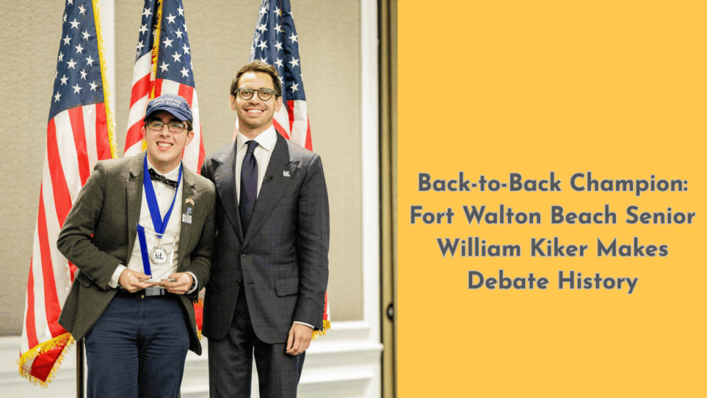 William Kiker stands with Incubate Debate Founder James Fishback after winning his second national championship, holding a trophy in front of American flags.