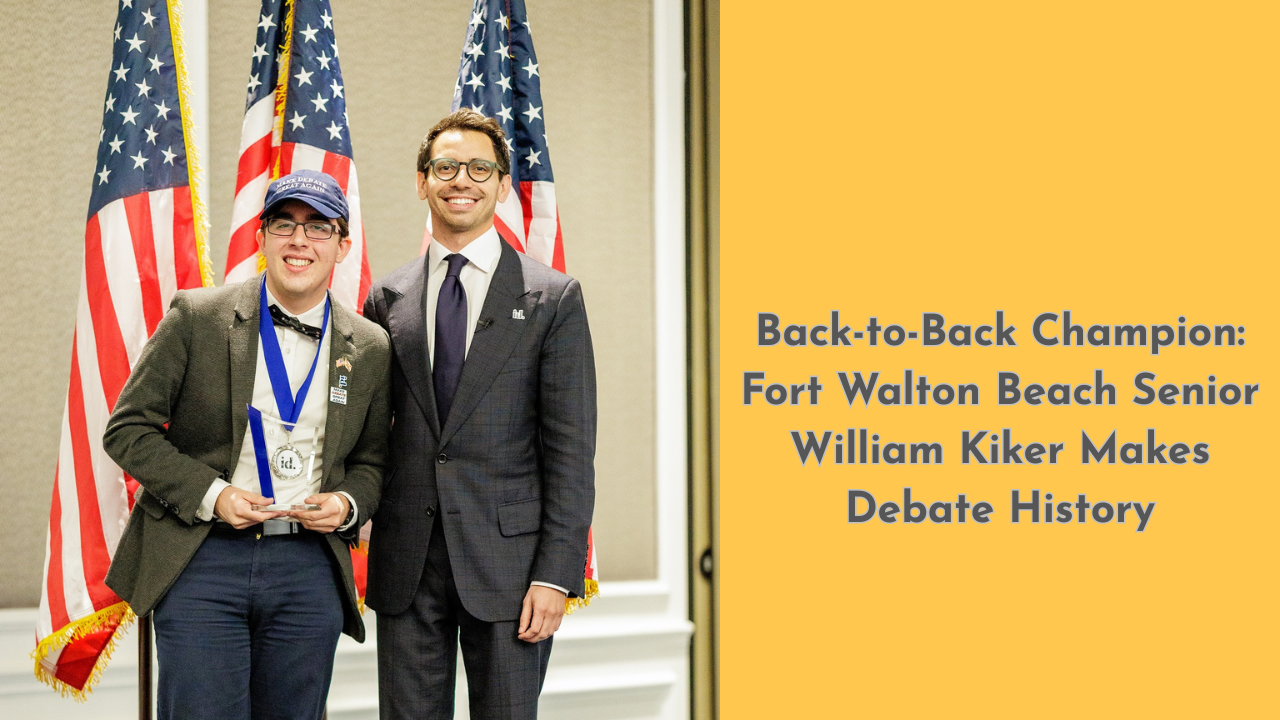 William Kiker stands with Incubate Debate Founder James Fishback after winning his second national championship, holding a trophy in front of American flags.