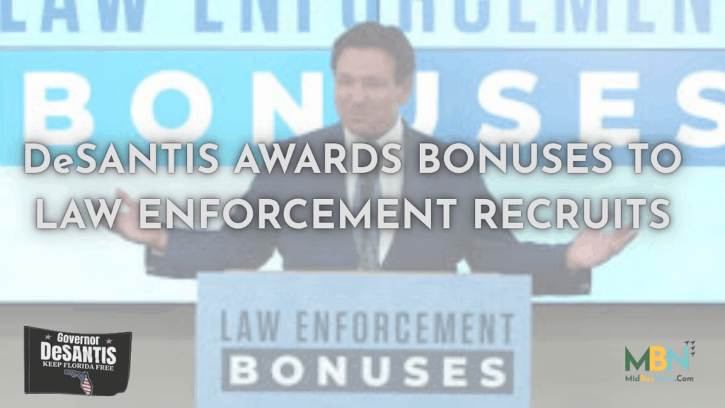 Governor Ron DeSantis announced that more than 9,400 law enforcement officers have received $5,000 bonuses through Florida’s Law Enforcement Recruitment Bonus Program. The announcement took place in Panama City, where DeSantis presented checks to recruits from Bay, Franklin, Gulf, and Walton counties. The initiative, launched in 2022, is part of a broader effort to attract and retain officers, increase pay, and enhance benefits for law enforcement personnel across the state.