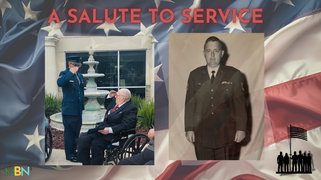 Senior Airman Justin Hart honored Vietnam veteran and fellow EOD technician Irv Duvall with a bedside salute at Shoal Creek River Rehab on Veterans Day.