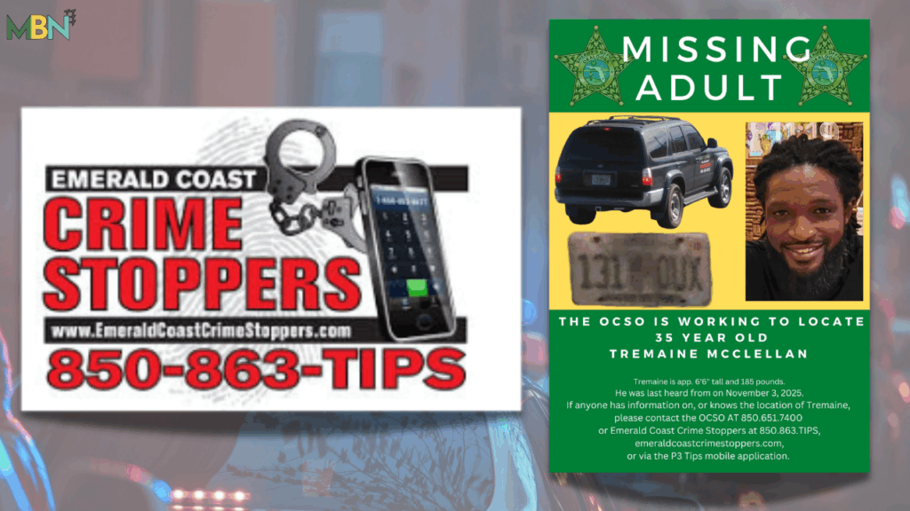 The Okaloosa County Sheriff’s Office is asking for the public’s help to locate 35-year-old Tremaine McClellan, who has been missing since November 3, 2025, and may be traveling in a dark SUV seen in the released alert.