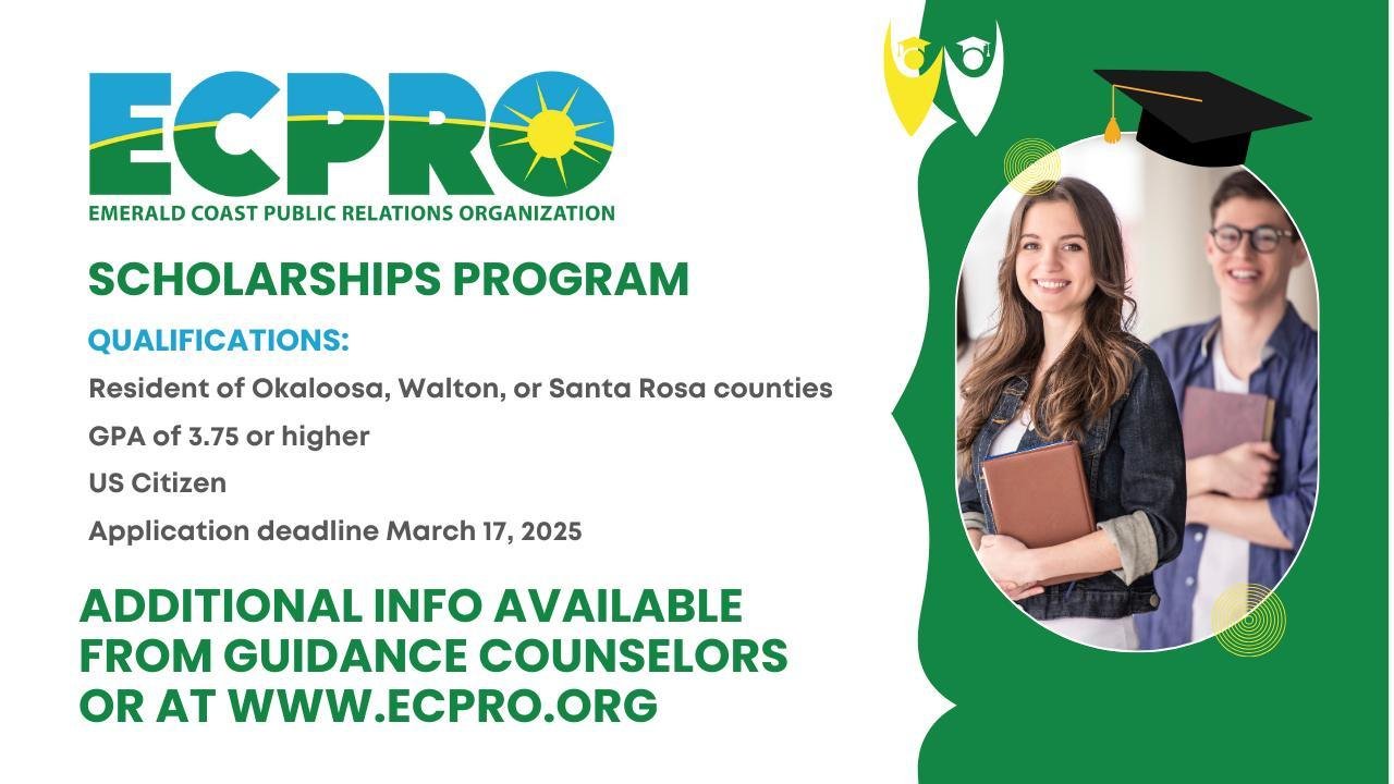 The Emerald Coast Public Relations Foundation is offering multiple $1,000 scholarships to local seniors pursuing careers in PR, communication, marketing, or journalism, with applications due March 16, 2026.