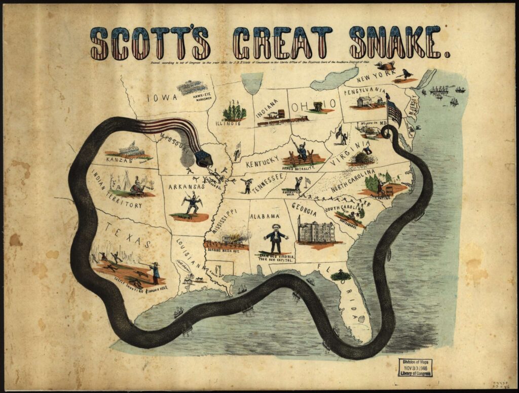 A political cartoon of a black snake surrounding the southern states that have succeeded from the union at the beginning of the Civil War
