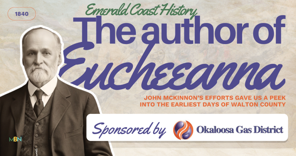 Emerald Coast History banner featuring a man in a suit on the left and bold purple script text about 'The author of' with a sponsor bar reading 'Sponsored by Okaloosa Gas District'.