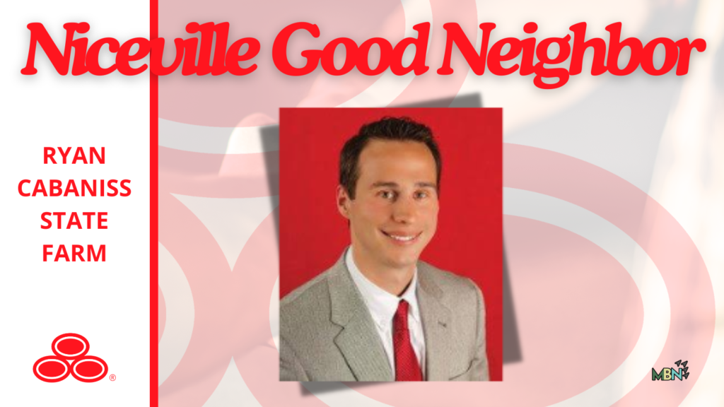 Promotional graphic for Ryan Cabaniss (State Farm) with his portrait on a red backdrop and bold red lettering reading 'RYAN CABANISS STATE FARM'