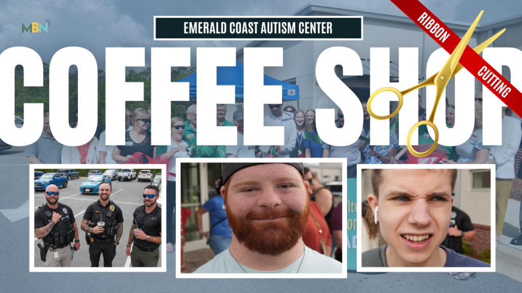 Poster for Emerald Coast Autism Center ribbon-cutting event with a group backdrop, red ribbon, and scissors, plus three framed headshots of attendees.