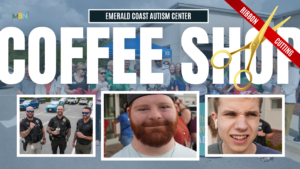 Poster for Emerald Coast Autism Center ribbon-cutting event with a group backdrop, red ribbon, and scissors, plus three framed headshots of attendees.