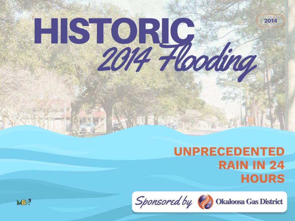 Poster announcing 2014 Historic Flooding with 'Unprecedented Rain in 24 Hours' and sponsor logo at bottom.