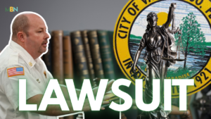 Uniformed official at a desk with law books; large LAWSUIT overlay and scales of justice in background.