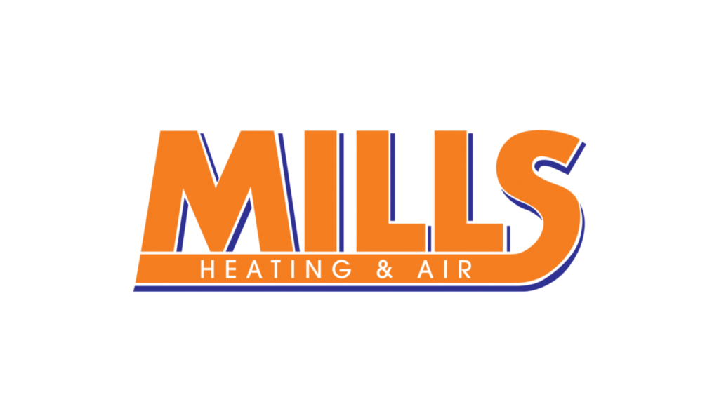 MILLS Heating & Air logo: bold orange wordmark with blue shadow and an orange banner saying 'HEATING & AIR'