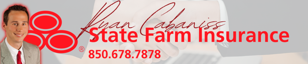 State Farm Insurance banner with a smiling agent on the left, red logo, and contact number 850.678.7878.