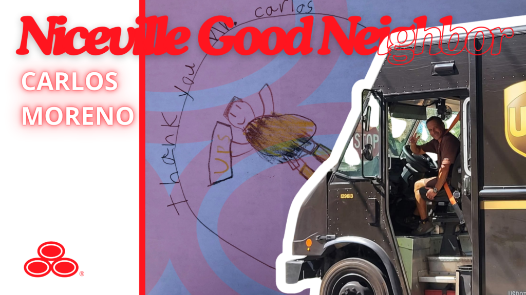 Brand banner featuring the name 'Carlos Moreno' and the phrase 'Good Neighbor' with a smiling truck driver in a black delivery truck and a red logo in the bottom left.