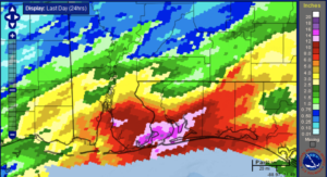 A rainfall totals map showing the amounts of rain that dropped on the Emerald Coast on the last days of April, 2014.