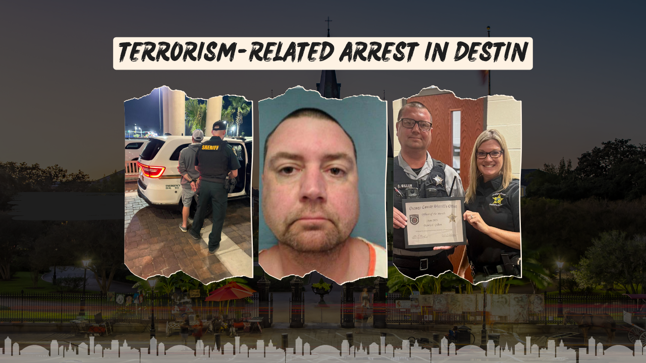 Composite image: banner reads 'Terrorism-Related Arrest in Destin' with three torn photos—escort arrest, mugshot, and officers with a certificate against a city backdrop.