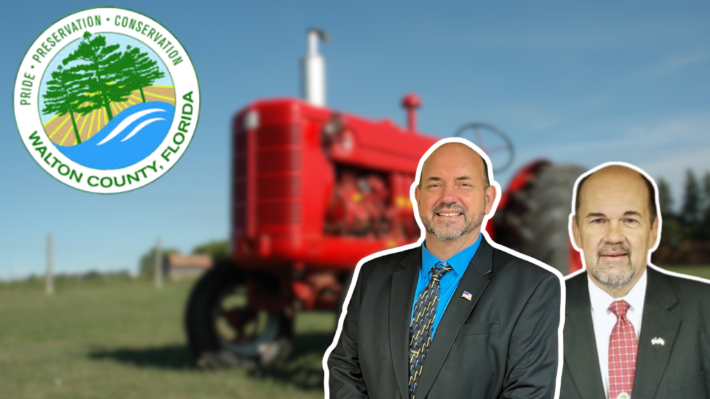 Walton County, Florida preservation and conservation seal on left, with a red tractor and two men in suits in the foreground.
