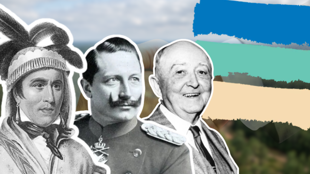 Collage of a Native American chief, Joseph Stalin, and an elderly man in a white outline over colorful stripes.