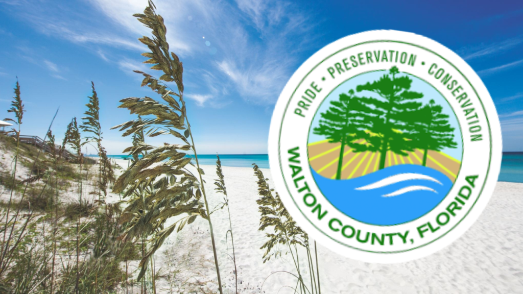 Sunny beach with white sand and sea oats; blue ocean on the horizon, and a Walton County, Florida seal overlaid on the right.
