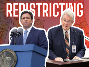 Graphic of two suited men outlined in white, one at a podium with a seal and the other at a desk, over a red-tinted map and a large 'RESTRICTING' headline across the image.