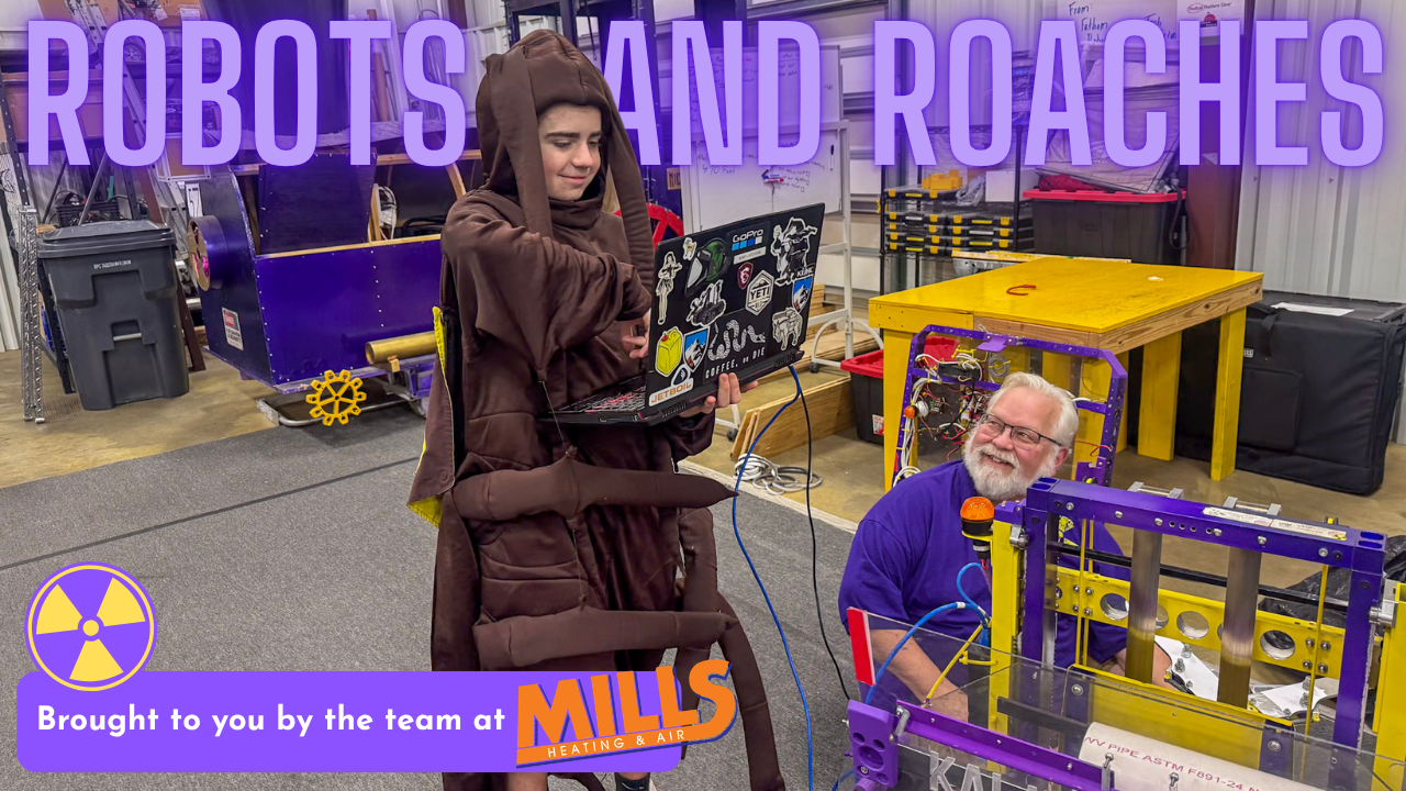 Video thumbnail: person in a brown robe uses a laptop beside a purple-yellow robotics rig, with a bold 'ROBOTS AND ROACHES' title across the top and Mills Heating & Air branding at the bottom.