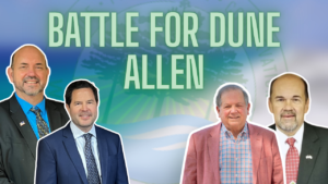 Campaign banner with four men in suits and the bold text 'Battle for Dune Allen' over a globe background.