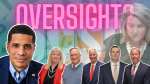 Collage of six business professionals in suits with a bold pink 'OVERSIGHT?' title across the top and a faded woman’s portrait in the background.