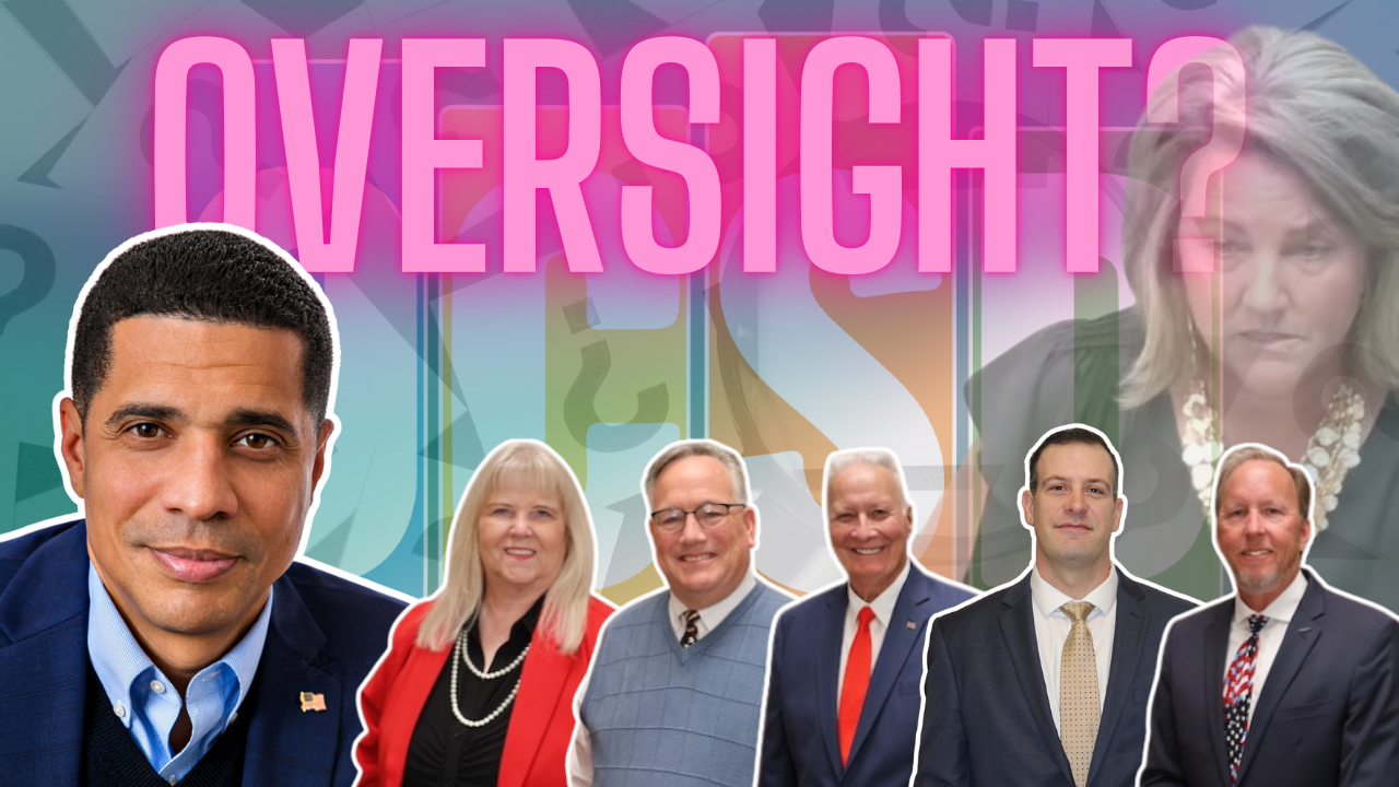 Collage of six business professionals in suits with a bold pink 'OVERSIGHT?' title across the top and a faded woman’s portrait in the background.
