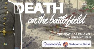 Poster for a documentary titled 'Death on the Battlefield' showing a gray-uniform soldier on the left and a battlefield backdrop; sponsored by Okaloosa Gas District.