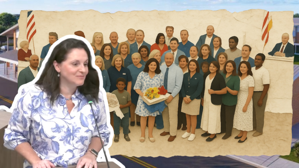 Woman speaking at a podium in the foreground with a large collage of a diverse group in the background.