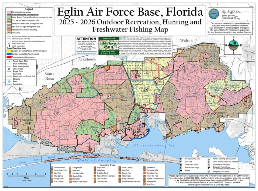 Detailed map of Eglin Air Force Base, Florida showing outdoor recreation, hunting, and freshwater fishing zones for 2025–2026.
