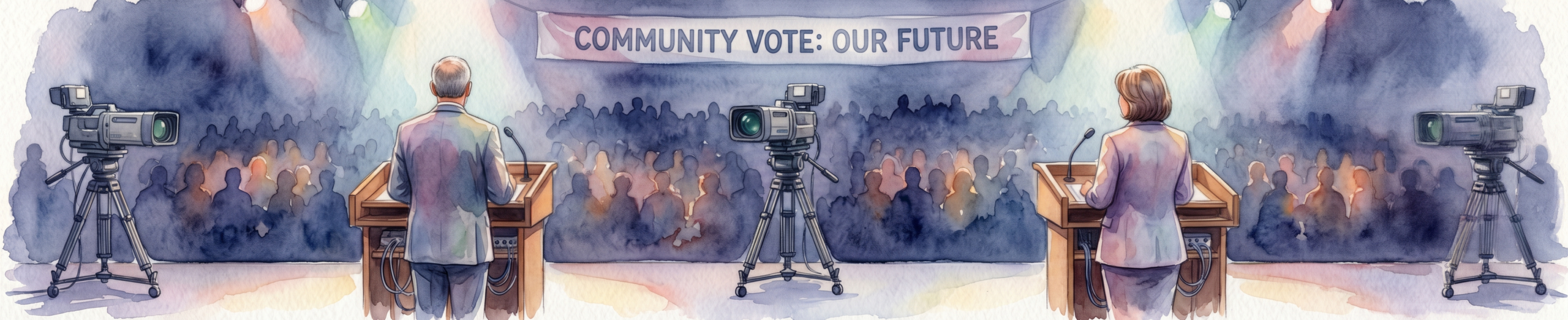 watercolor of two candidates at a debate on the stage