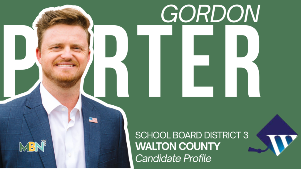 Campaign poster for Gordon Ritter for Walton County School Board District 3; man in a blue suit with an American flag pin.