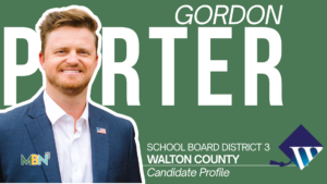 Campaign poster for Gordon Ritter for Walton County School Board District 3; man in a blue suit with an American flag pin.